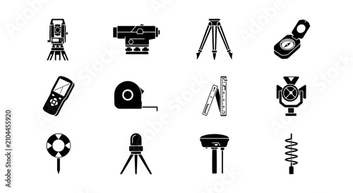 Bild auf Leinwand Surveying Equipment Icons, Precision Measurement Tools, Engineering Instruments,