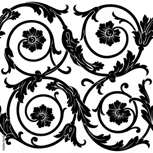 Принти на полотні Black and white baroque ornamental floral tiles with seamless, ornamental