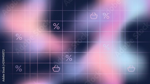 Abstract dark neon gradient background with grid lines percentage signs and shopping baskets for e-commerce sale concept