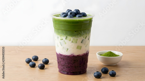 Layered Matcha Blueberry Drink in Plastic Cup with Fresh Blueberries and Matcha Powder