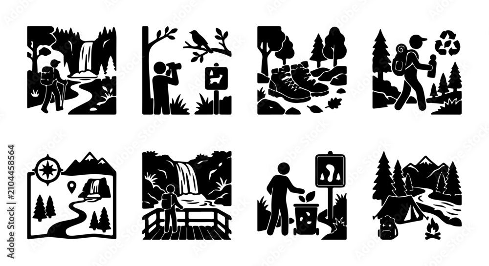 Fototapeta premium Outdoor Adventure Icons: Hiking, Camping, Nature Photography, Recycling Vector Set