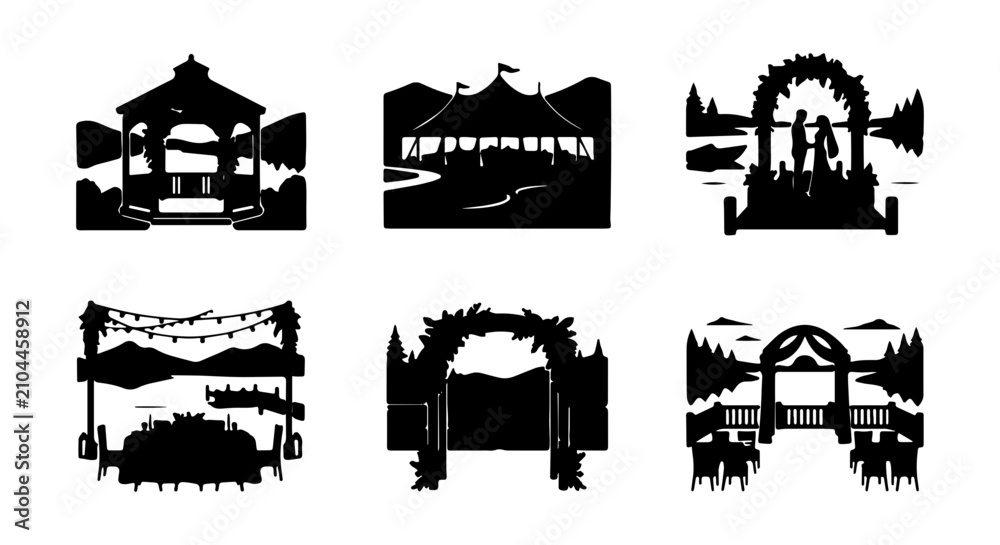 Obraz premium Wedding Ceremony Arches and Tents, Silhouette Vector Icons for Celebrations