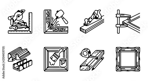 Foto Woodworking Tools and Craftsmanship Icons, Carpentry Equipment Set, DIY Home Imp