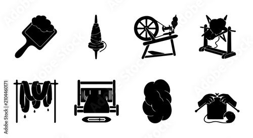 Obraz na płótnie Textile Craft Icons: Spinning Wheel, Yarn, Knitting, Weaving Tools Set