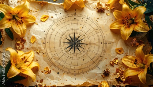 Vintage compass rose on sandy surface surrounded by yellow flowers.