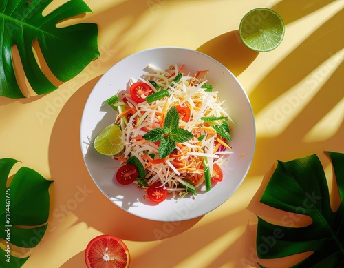 Vibrant papaya salad with tropical foliage and citrus accent on sunny backdrop