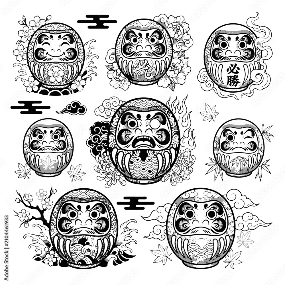 Fototapeta premium Set of Traditional Japanese Daruma Doll Illustrations Featuring Ornamental Floral Elements and Decorative Cloud Accents for Artistic Tattoo Designs