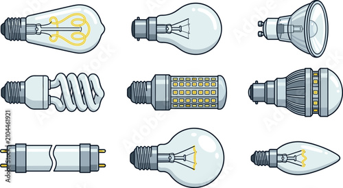 Fotografía Different Types of Electric Light Bulbs and LED Lamps Vector Illustration Set Is