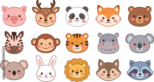 Photography Cute Kawaii Cartoon Animal Faces and Wild Wildlife Head Icons Vector Set