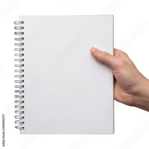 Person holding blank lined notebook with fingers pointing at text isolated on transparent background