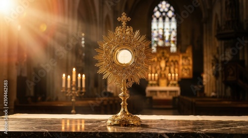 Eucharistic Holy Hour worship featuring a golden ostensory used during a Catholic church ceremony for the adoration of the Blessed Sacrament.