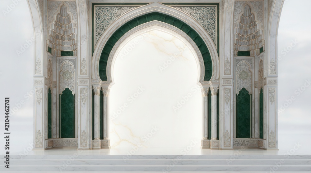Obraz premium Stylish white and green patterns and ornate arch frame for a luxurious Arabic background