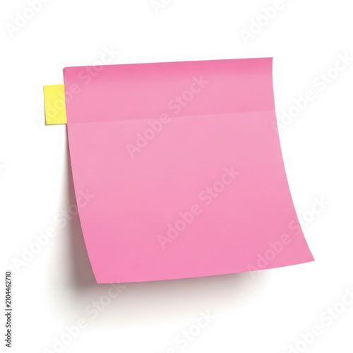 Pink sticky note attached to yellow corner flag isolated on transparent background