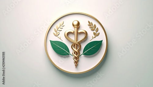 Golden Caduceus with Laurel Branches and Green Leaves Emblem on Light Background