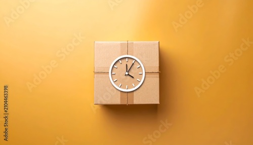 Concept of delivery time: Cardboard box with clock on vibrant yellow background