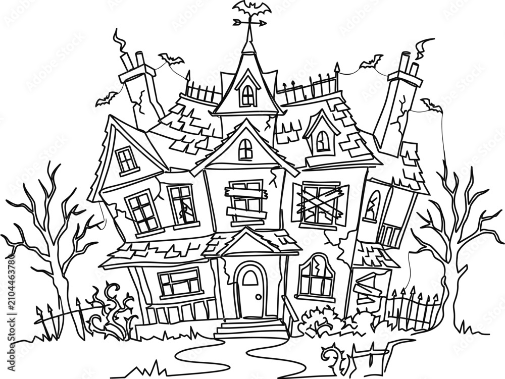 Naklejka premium Haunted Mansion Halloween Coloring Page Illustration.