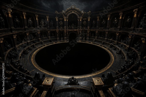 Opulent dark gothic amphitheater with gold accents, a pitch black void in the center, eerie luxury, dark surrealism, cinematic lighting, conceptual art.