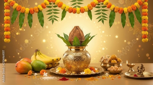 New Year greeting card with traditional festival elements including mango leaf, Kalash, marigold flower garland, jaggery, and banana lamp