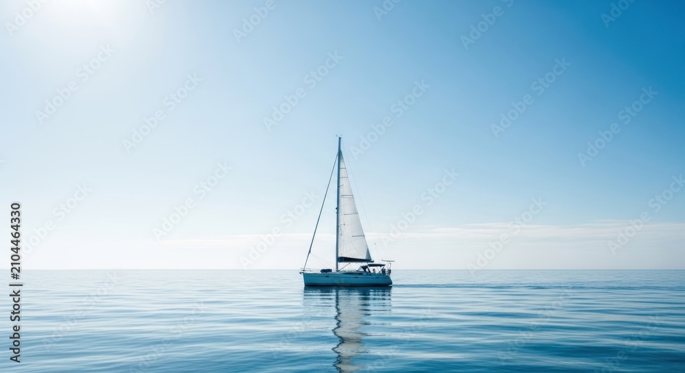 Fototapeta premium Serene Sailboat Gliding on Calm Ocean Under Vast Blue Sky.