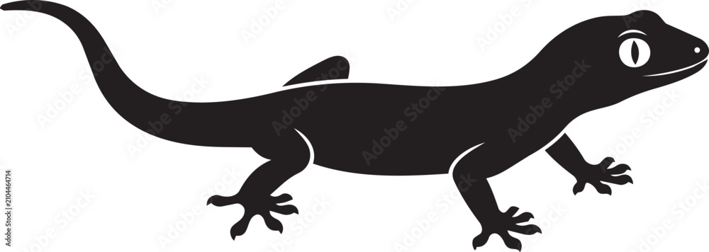 Obraz premium Black Silhouette of a Gecko Against a White Background with Copy Space for Text