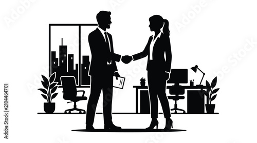 Foto Businesspeople shaking hands in office setting black silhouette