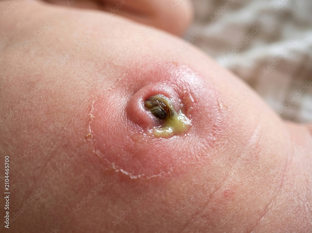 Fototapeta premium Omphalitis with pus on newborn navel