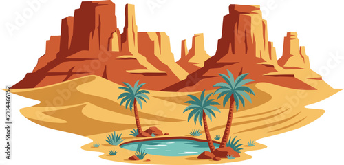 Obraz na plátně Desert oasis landscape vector illustration with red rock canyons sand dunes and
