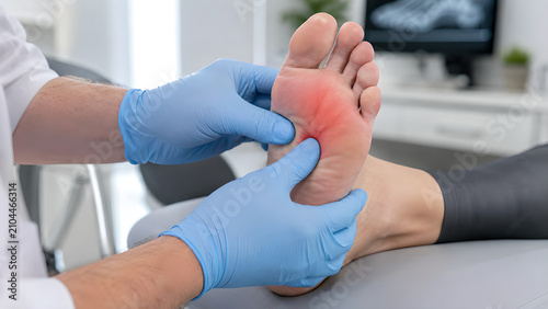 Morton neuroma forefoot examination and treatment procedure showing metatarsalgia pain assessment in a clinical podiatry setting for medical education, patient communication, and healthcare use