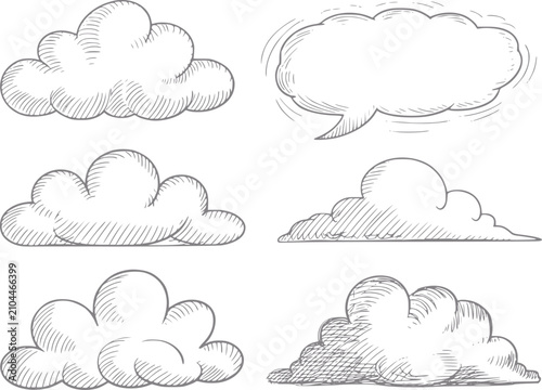 Foto Una colección de nubes estilo dibujado a mano y un globo de diálogo aislados sob