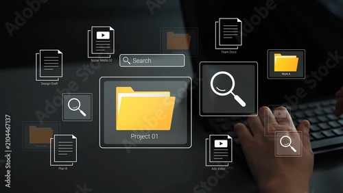 Cuadro en lienzo Digital workspace concept showcasing file organization, project management, and productivity tools with visual elements representing various documents and media Gluon