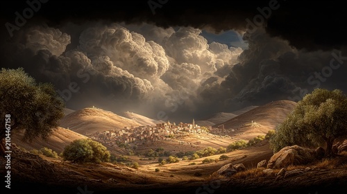 Ancient city in valley among hills under stormy clouds