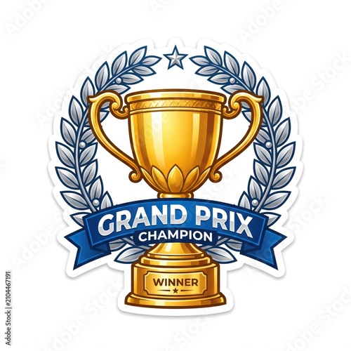 Gold trophy award for grand prix champion winner with trophy cup gold metal winner ribbo