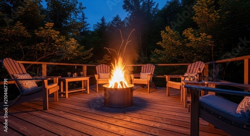 Campfire burning on wooden deck patio at night.