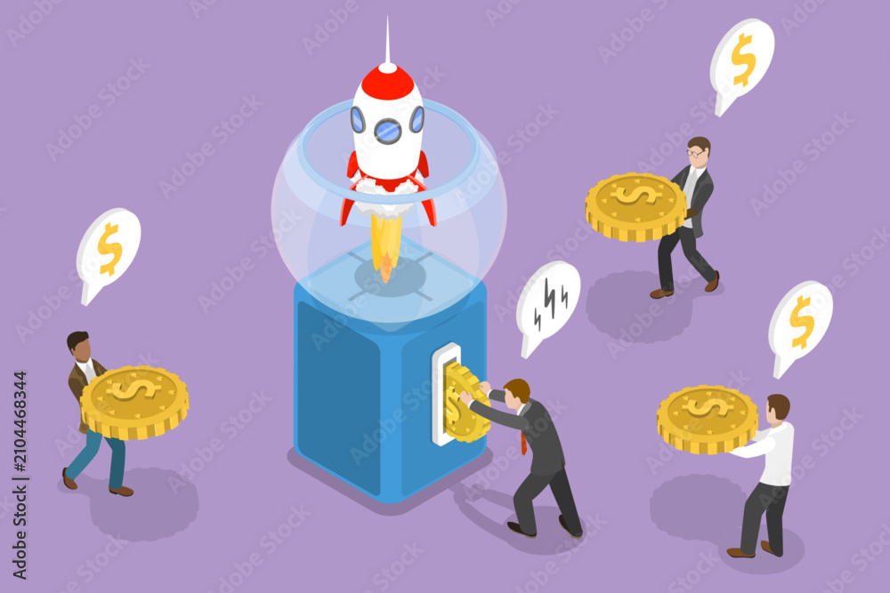 Fototapeta premium 3D Isometric Flat Vector Illustration of Crowdfunding, Fundraising, Businessmen Contribute To Launch Rocket In Gumball Machine