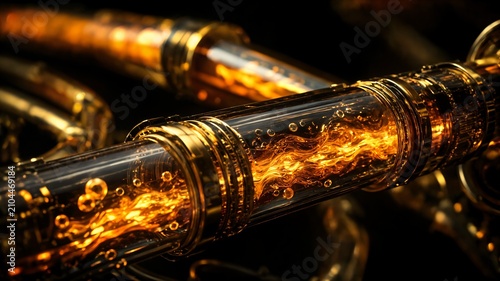 Abstract glowing amber fluid traveling through a microscopic gold tube, dark background, cyberpunk macro concept, depth of field, high quality 3d render.