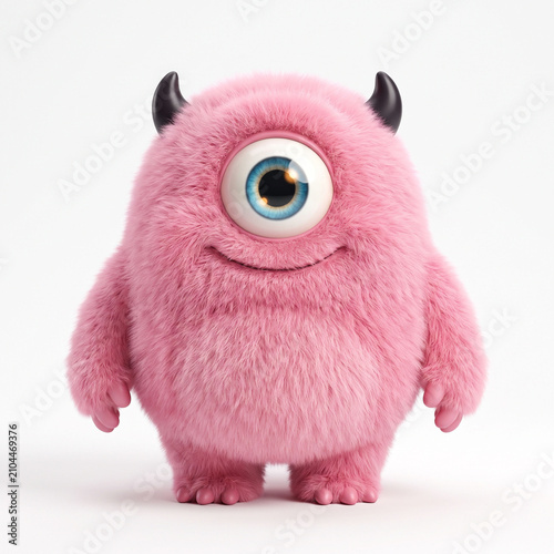 Single eyed fluffy pink monster character with black horns one eyed creature