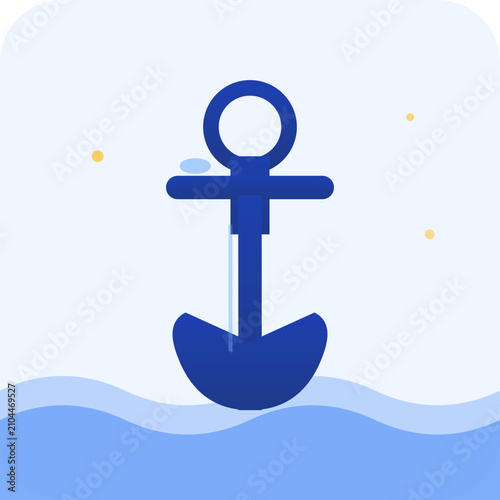 A blue anchor icon floating on water in a minimalist vector graphic design
