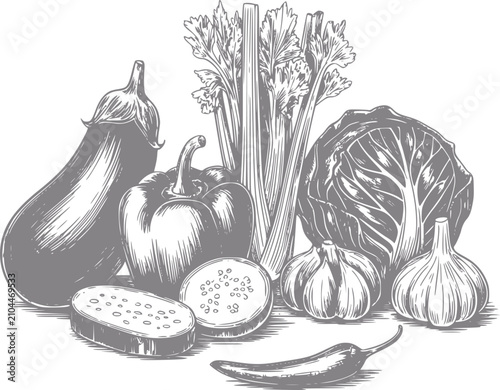Cuadro en lienzo Un dibujo detallado a mano con una variedad de verduras orgánicas frescas para r