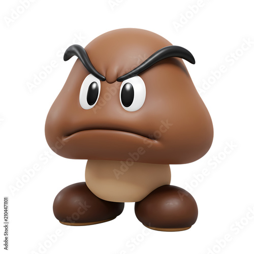 Angry brown mushroom creature with a grumpy face and large feet isolated on white background