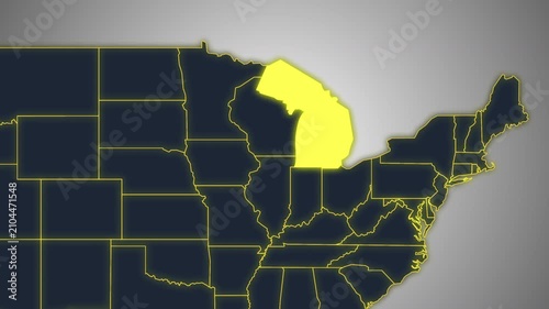 Animated Glowing Michigan State Map on a Light Gray Gradient Background. Ideal for geography, business, news, and infographic projects.