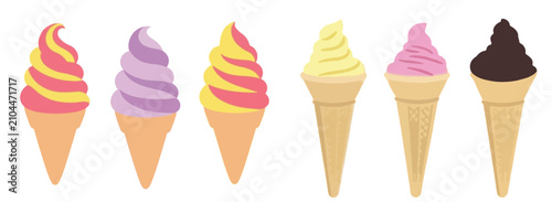 Принти на полотні Soft serve ice cream cone set, assorted colorful ice-cream flavors vector illustration for summer dessert menu