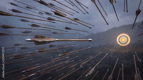 Arrows fly through the air toward a distant target in a dramatic display of focus and precision.