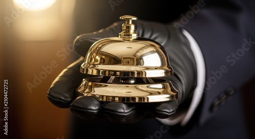 Black gloved hand holding polished brass service bell