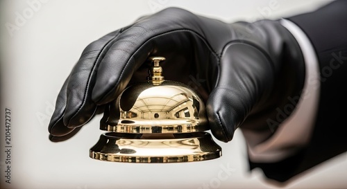 Black gloved hand touching brass service bell