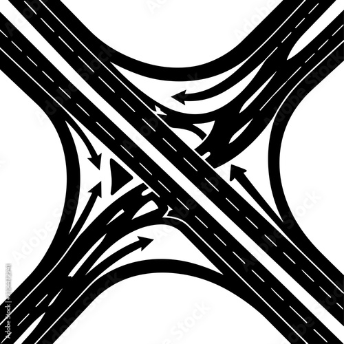 Complex highway interchange junction with directional arrows, interchange