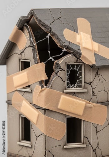 Broken miniature house with large bandages over cracks.