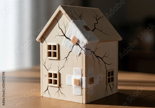 Broken wooden house model with white bandages in sunlight.