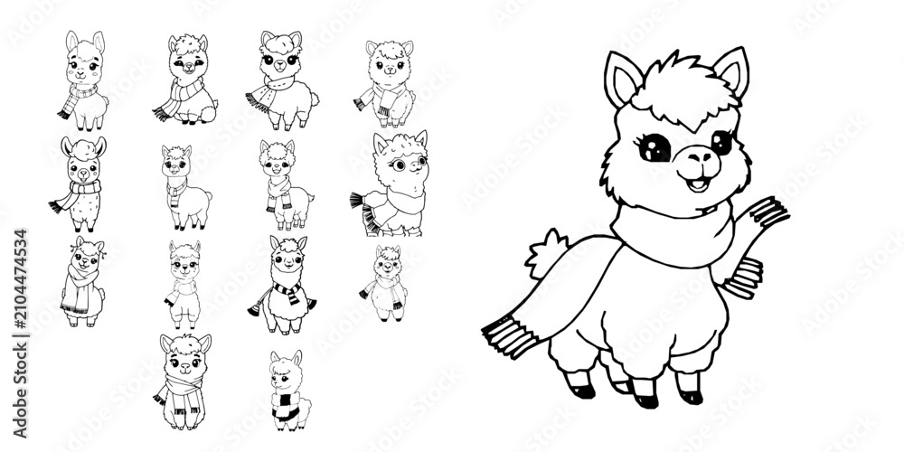 Fototapeta premium Happy Cartoon Alpaca Wearing A Scarf Simple Coloring Book Line Art Thick Bold Outlines Cute Kawaii Coloring Page