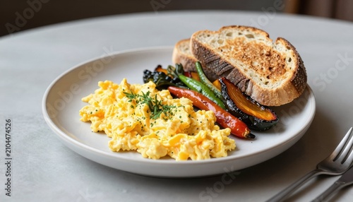 Savory scrambled eggs served with grilled vegetables and crispy toast on an elegant plate