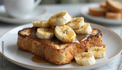 Mouthwatering french toast garnished with fresh banana slices and a rich maple syrup drizzle served on a clean white plate